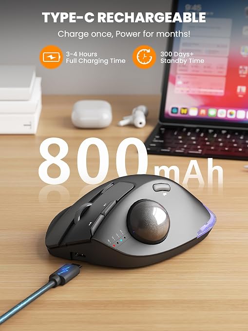Ergonomic Wireless Trackball Mouse, Rechargeable Adjustable