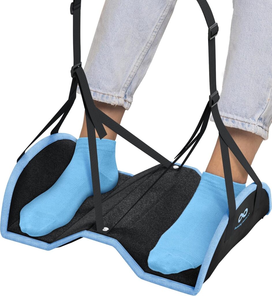 Everlasting Comfort memory foam foot hammock attached to airplane tray table