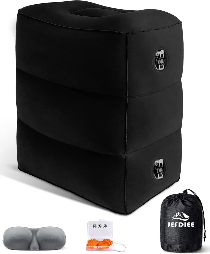 JefDiee inflatable travel foot rest pillow in black with adjustable height