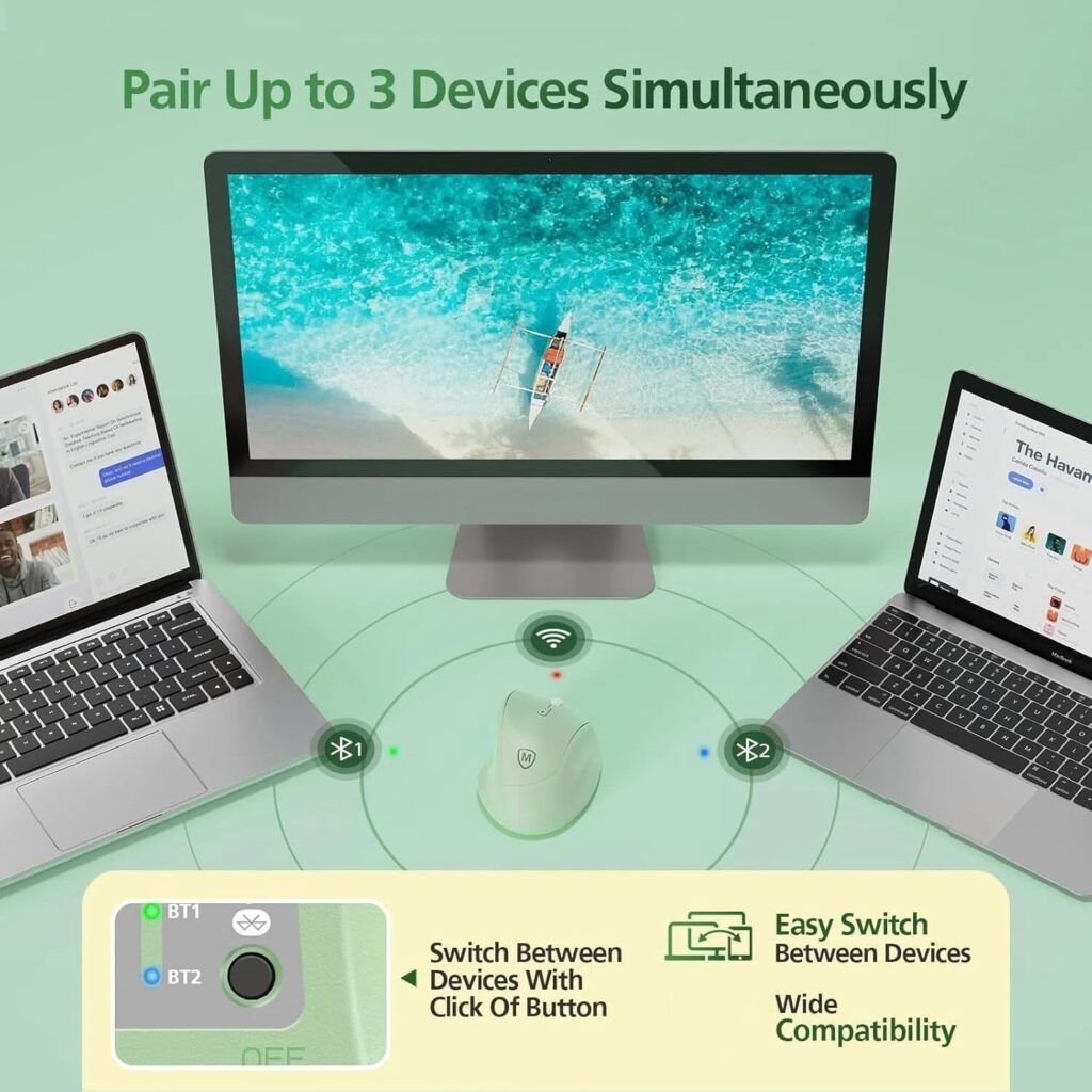 Micropack Ergonomic Vertical Wireless Bluetooth Mouse for Laptop MacBook PC Rechargeable Silent Click 3-Mode Multi-Device