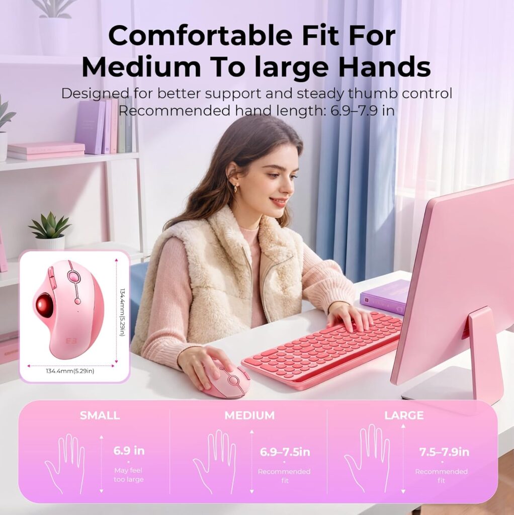 Seenda Wireless Trackball mouse, Ergonomic Bluetooth Rollerball mouse, Pink