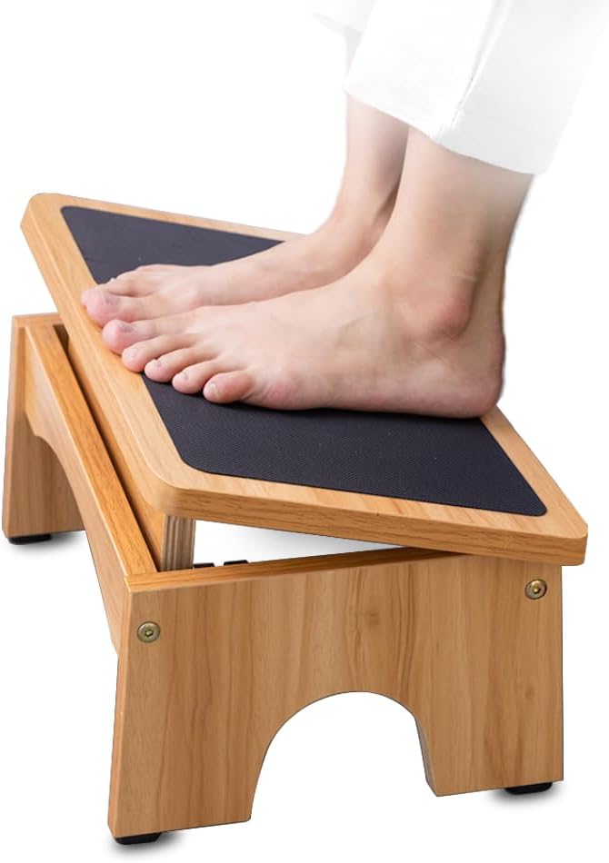 StrongTek wooden foot stool set at an angled tilt position