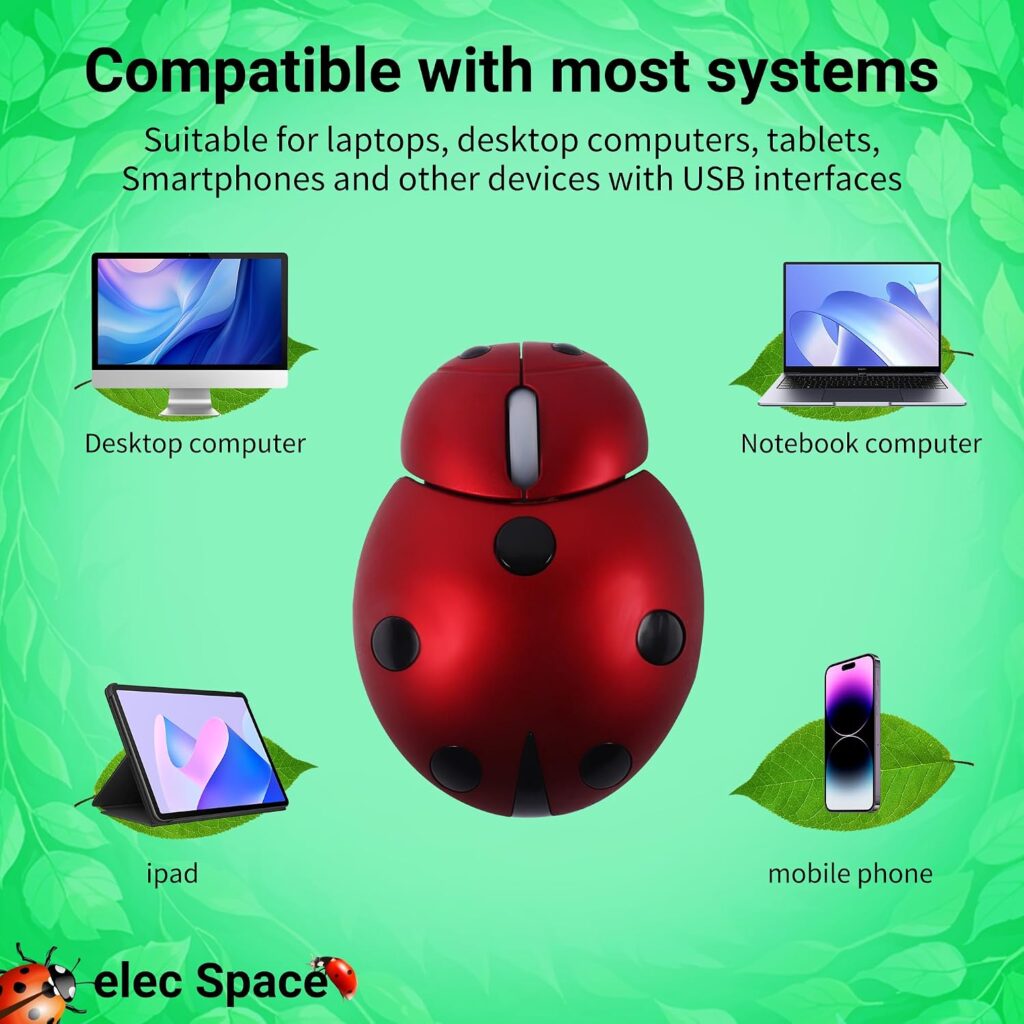 elec Space Wireless Mouse for Laptop & Kids, Cute Ladybug Shape Ergonomic Mouse with Case, Cordless for Laptop, PC, Mac & Notebook (Red)