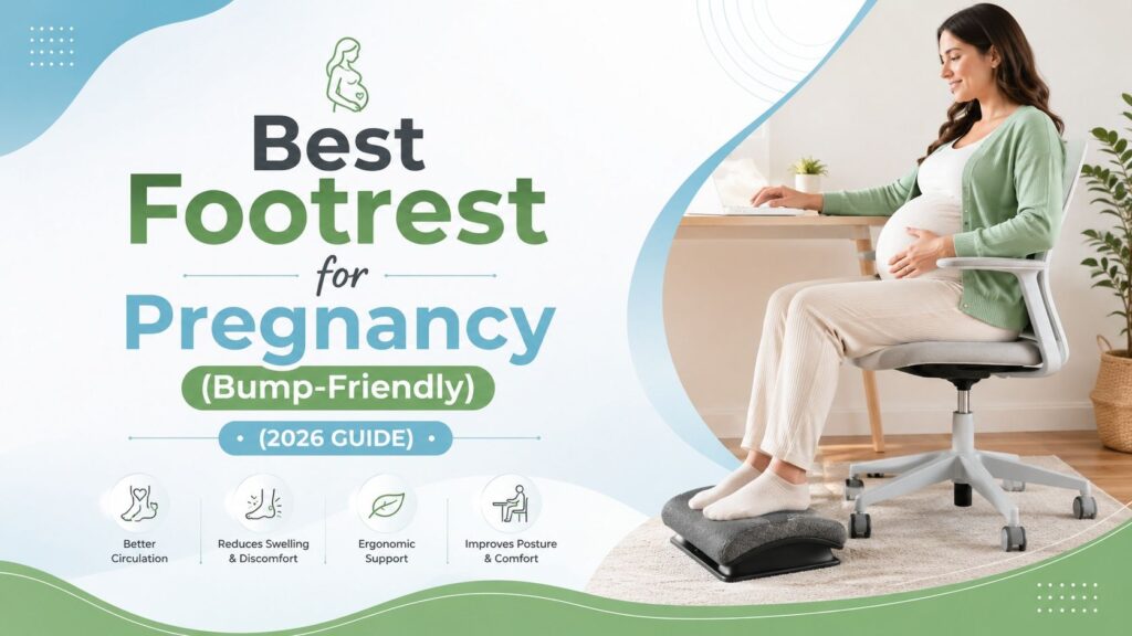 Pregnant woman using an ergonomic footrest while working at a desk for improved comfort and posture