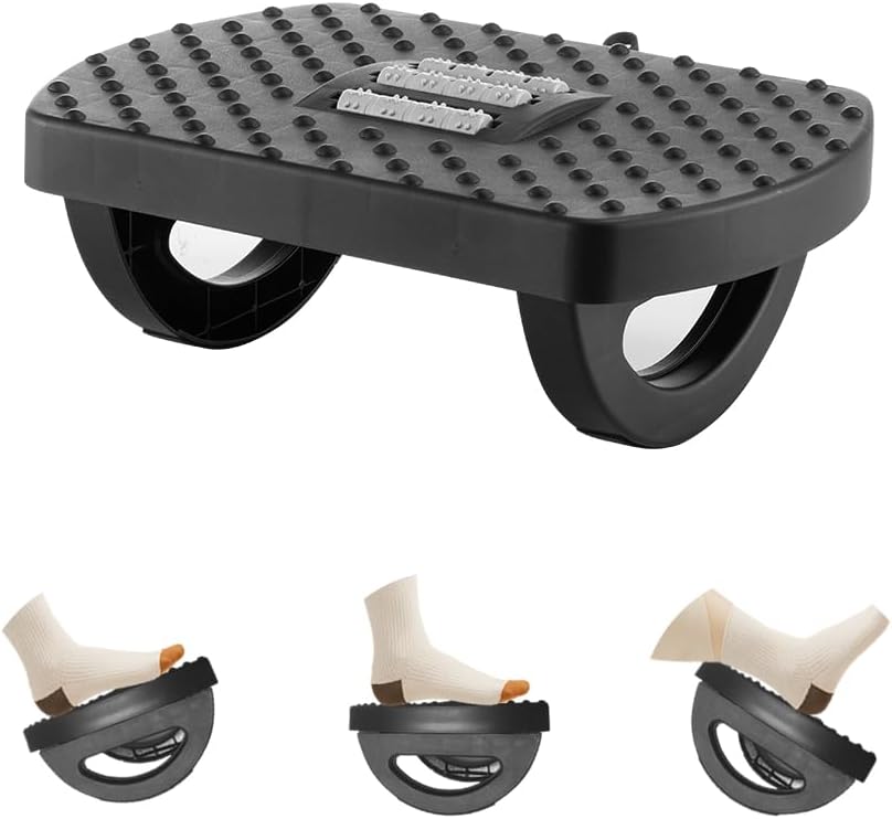 Compact black rocking footrest with carry handle for under a desk