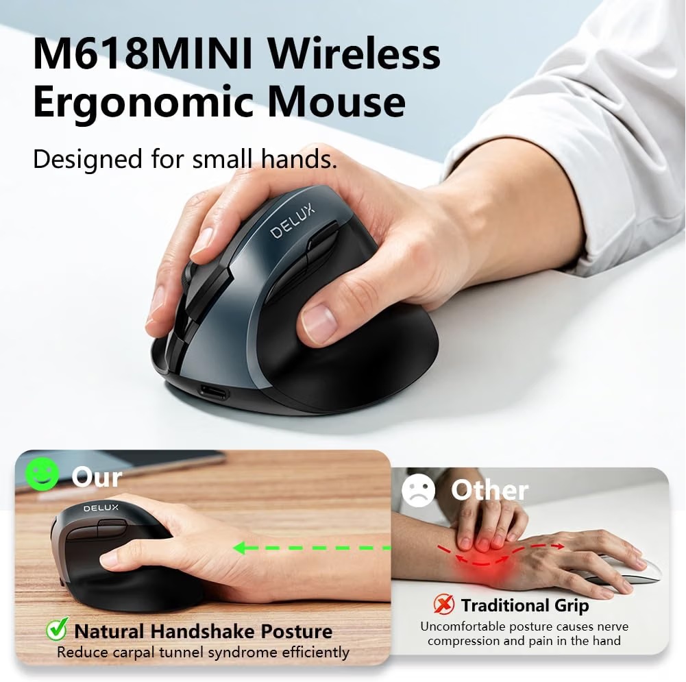 DELUX Wireless Ergonomic Mouse, Vertical Mouse for Small Hands, Silent Click Ergo Mouse