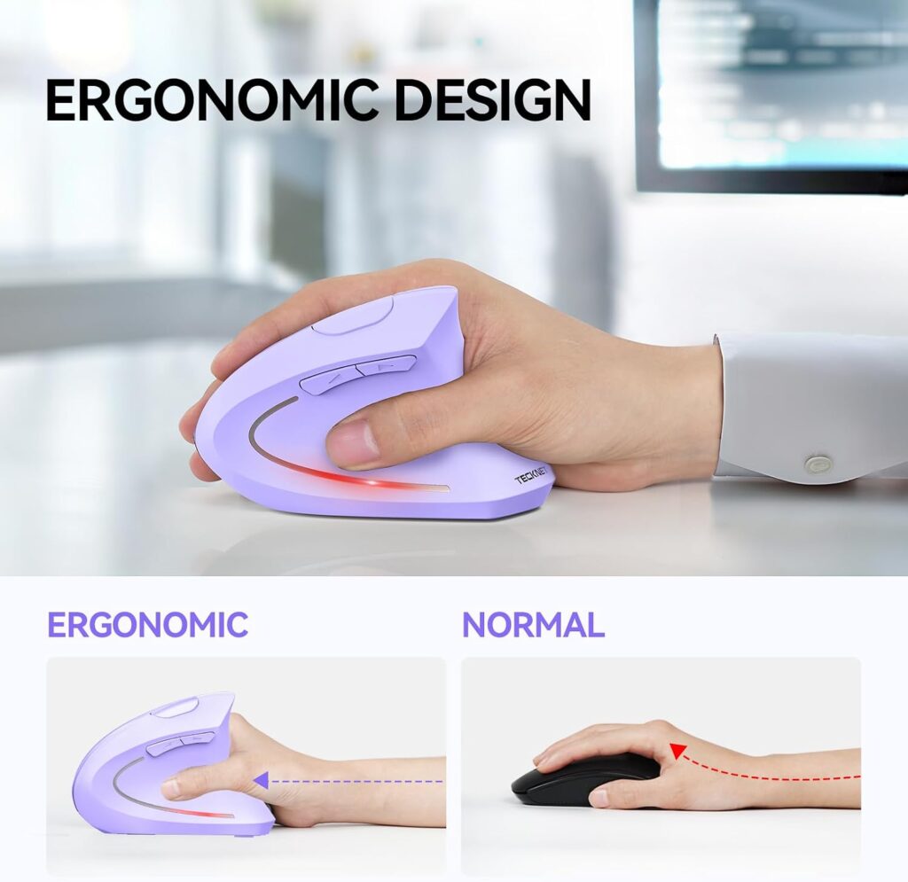 TECKNET Ergonomic Mouse, 4800 DPI Wireless Bluetooth Vertical, 3-Device