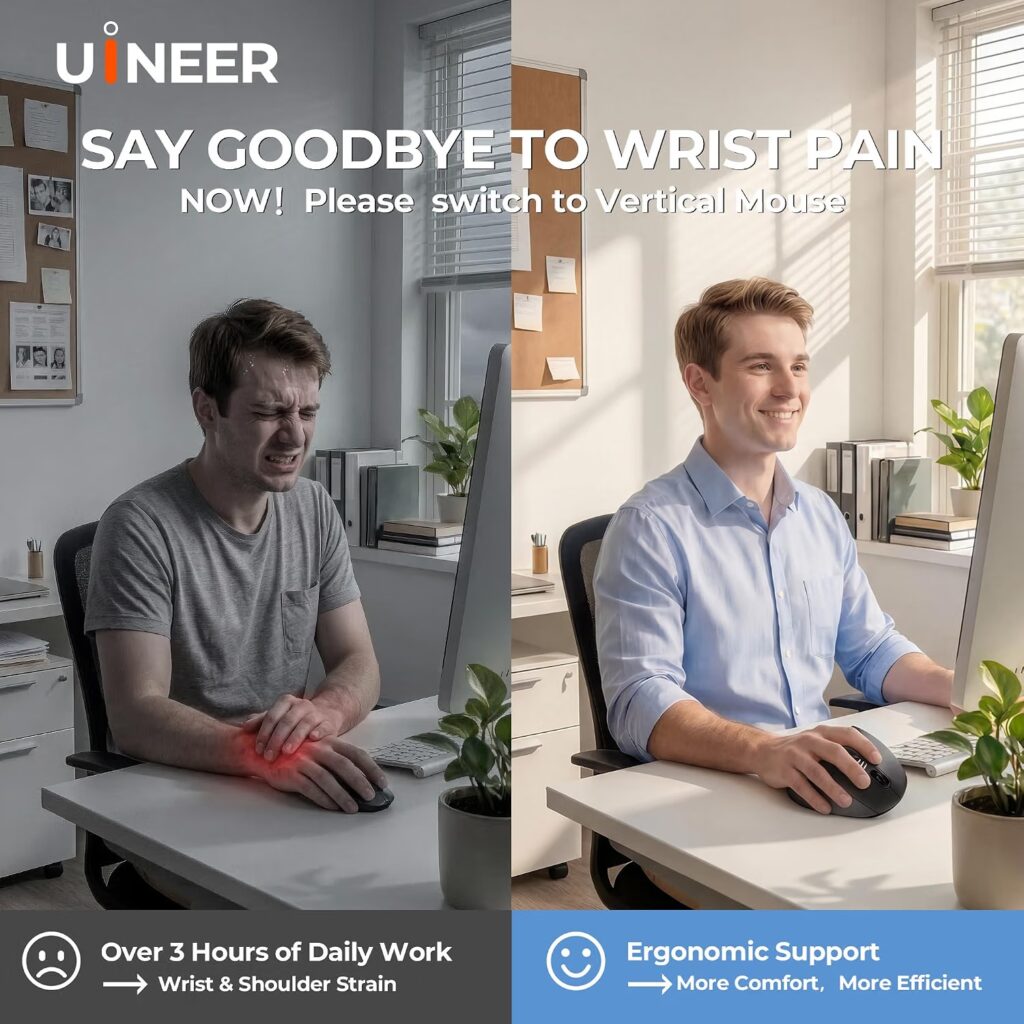 Uineer Vertical Ergonomic Mouse, Wireless Bluetooth Mouse, 3-Device