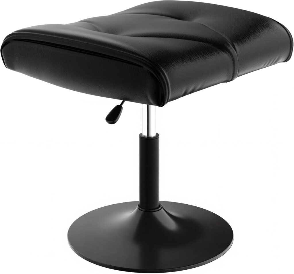 Black PU leather adjustable footrest ottoman with cushioned top under a desk