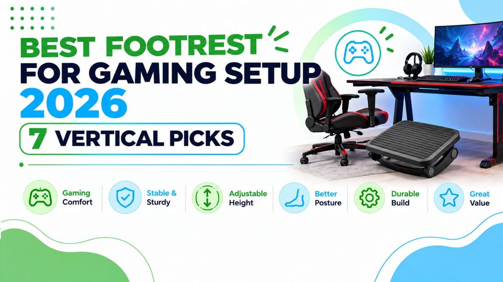 Black adjustable footrest under a gaming desk beside a red and black gaming chair, with a monitor and headset on the desk, best footrests for gaming setup 