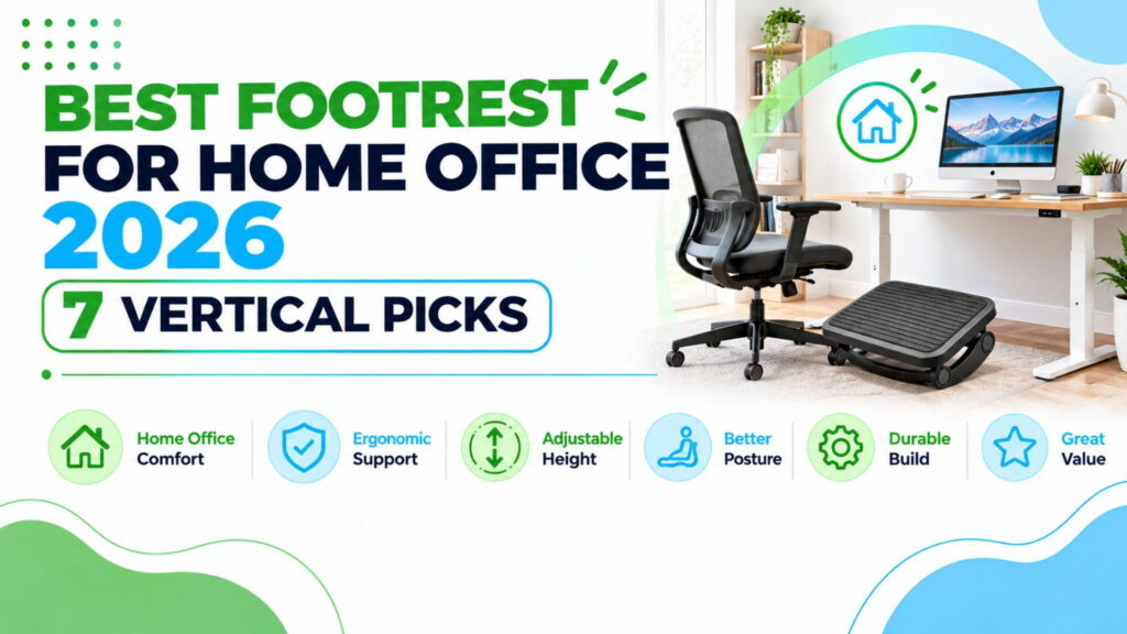 Featured image for the ErgoFixes guide to the best footrest for home office use in 2026. It shows an adjustable footrest next to an ergonomic mesh office chair and a height-adjustable desk in a bright home workspace. The guide compares seven under desk footrests on height range, firmness, size, cover care and value.