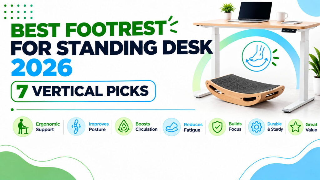 Wooden rocking footrest under a white standing desk with a laptop, illustrating the best footrests for standing desks in 2026