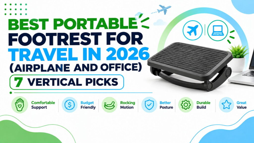Featured graphic for a guide to portable travel footrests for airplane and office use, showing a black ridged footrest beside a laptop with airplane and laptop icons