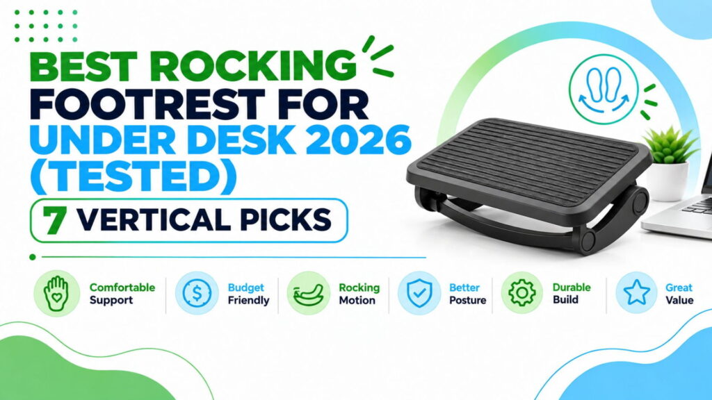 Black rocking footrest with a textured non-slip platform next to a laptop and desk plant